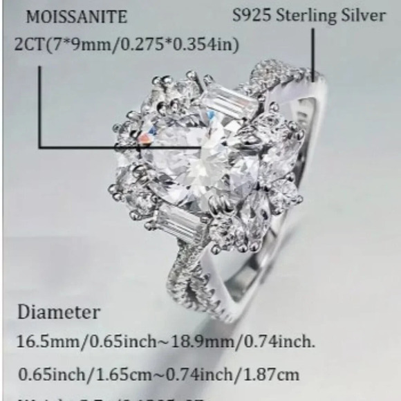 925 Sterling Silver Hypoallergenic 2ct Egg Shaped Moissanite Goose Egg Size 9 - Picture 4 of 7